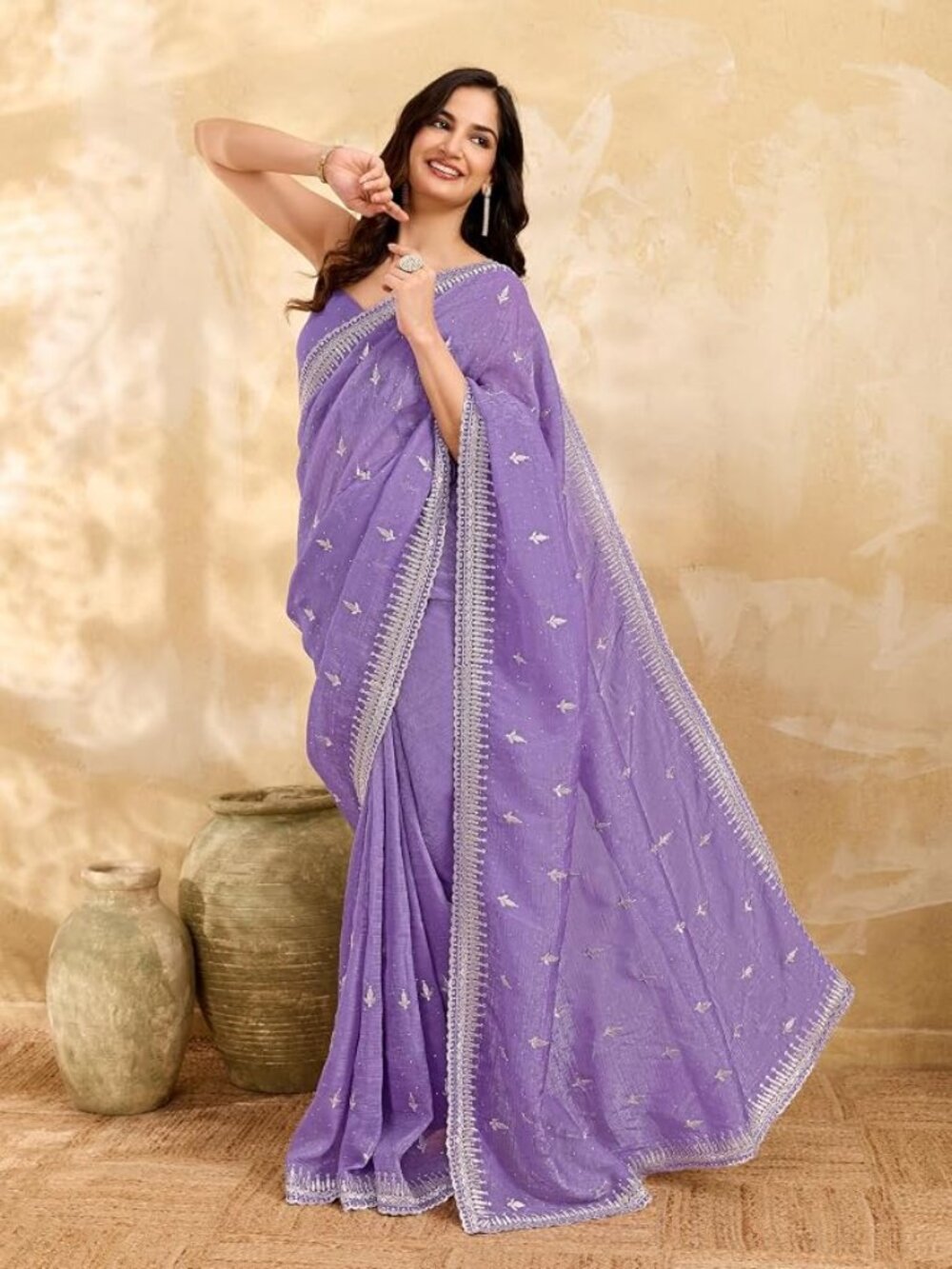 New Never Worn! Purple and Silver 100% Art Silk Embroidered Saree with Crystals